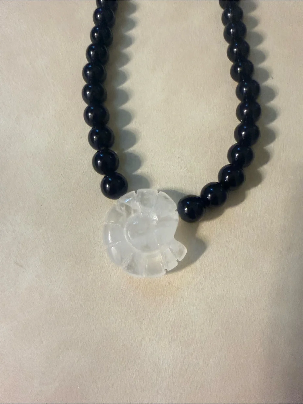 Black Beaded Necklace with Clear Shell Accent